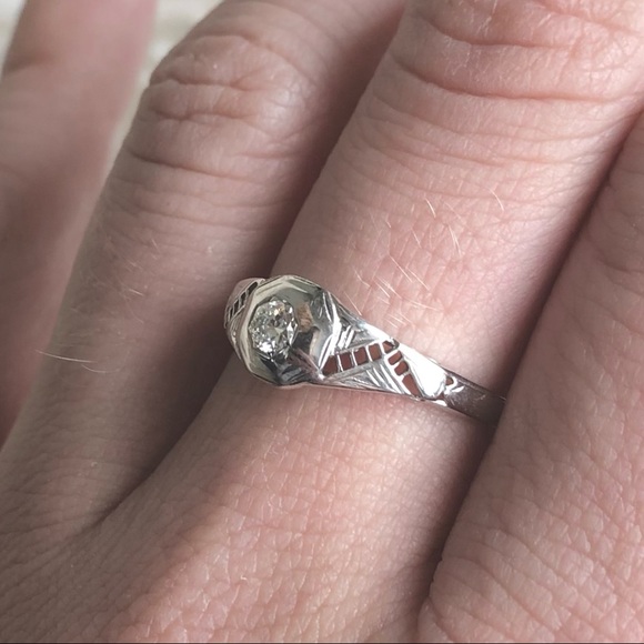 18k White Gold Filigree Diamond Ring Art Deco - Picture 1 of 10